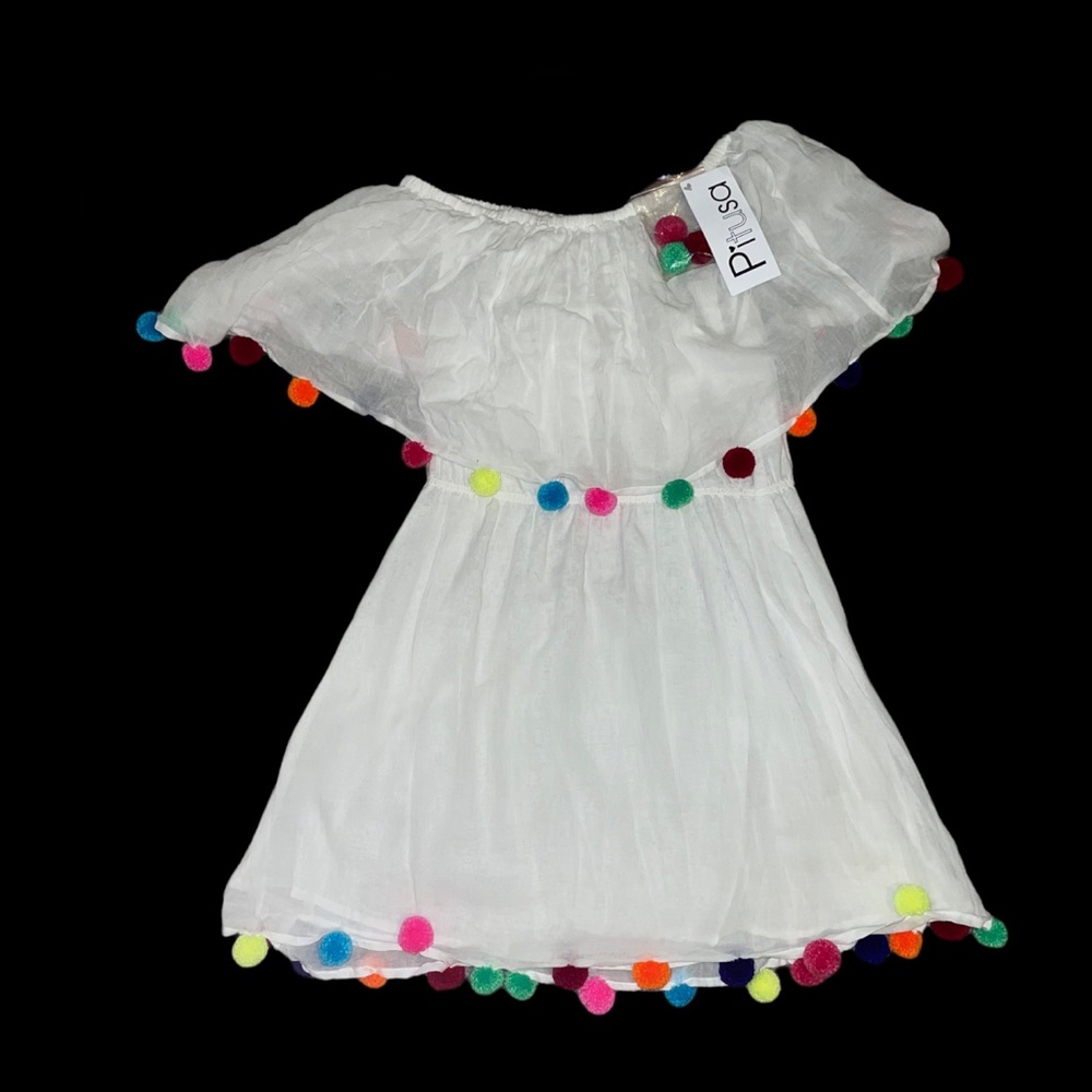 Pituse White linen colorful Pom Pom dress one size